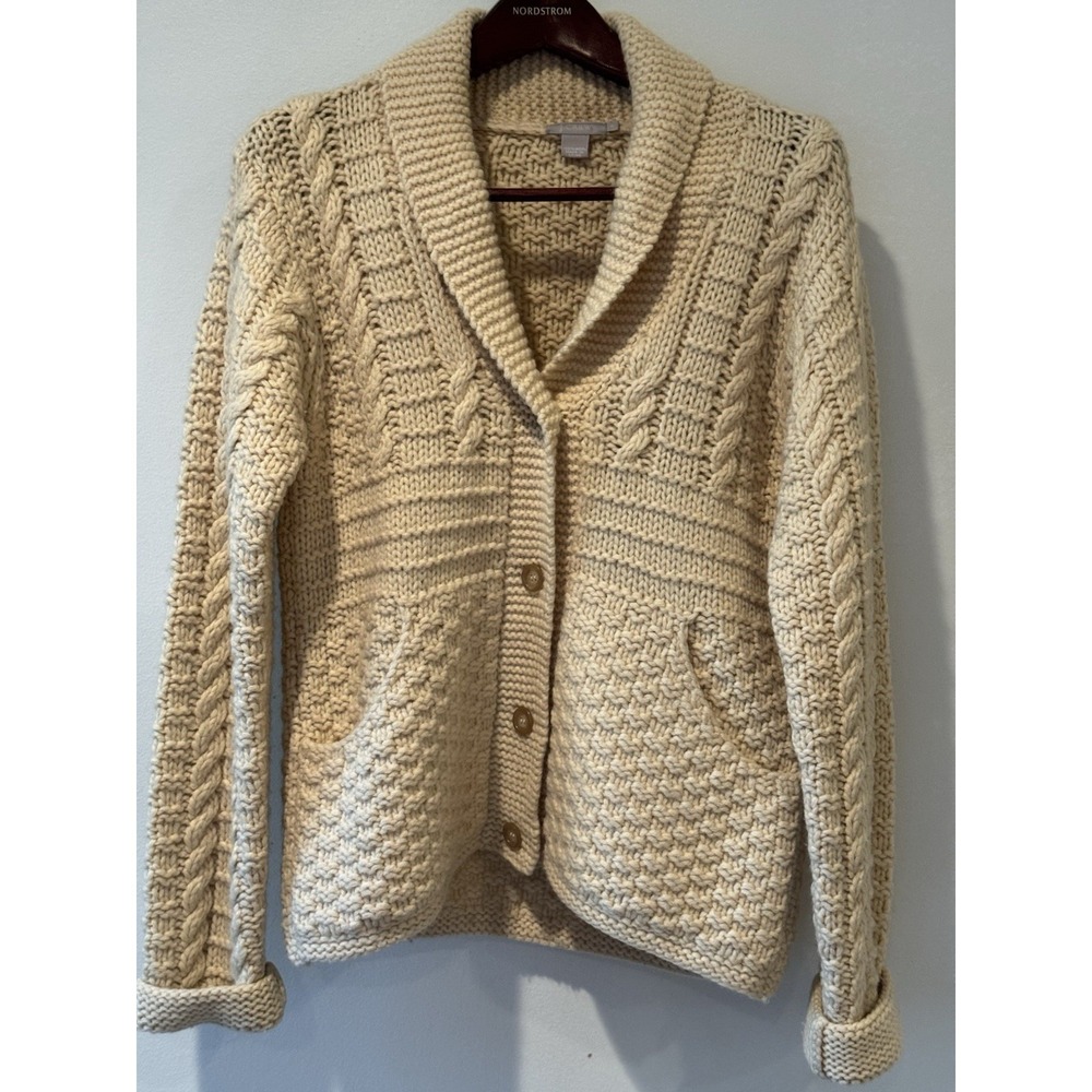 J.Crew Womens Cable Knit 100% Wool Cardigan Grandpa Sweater Size M Shawl Collar